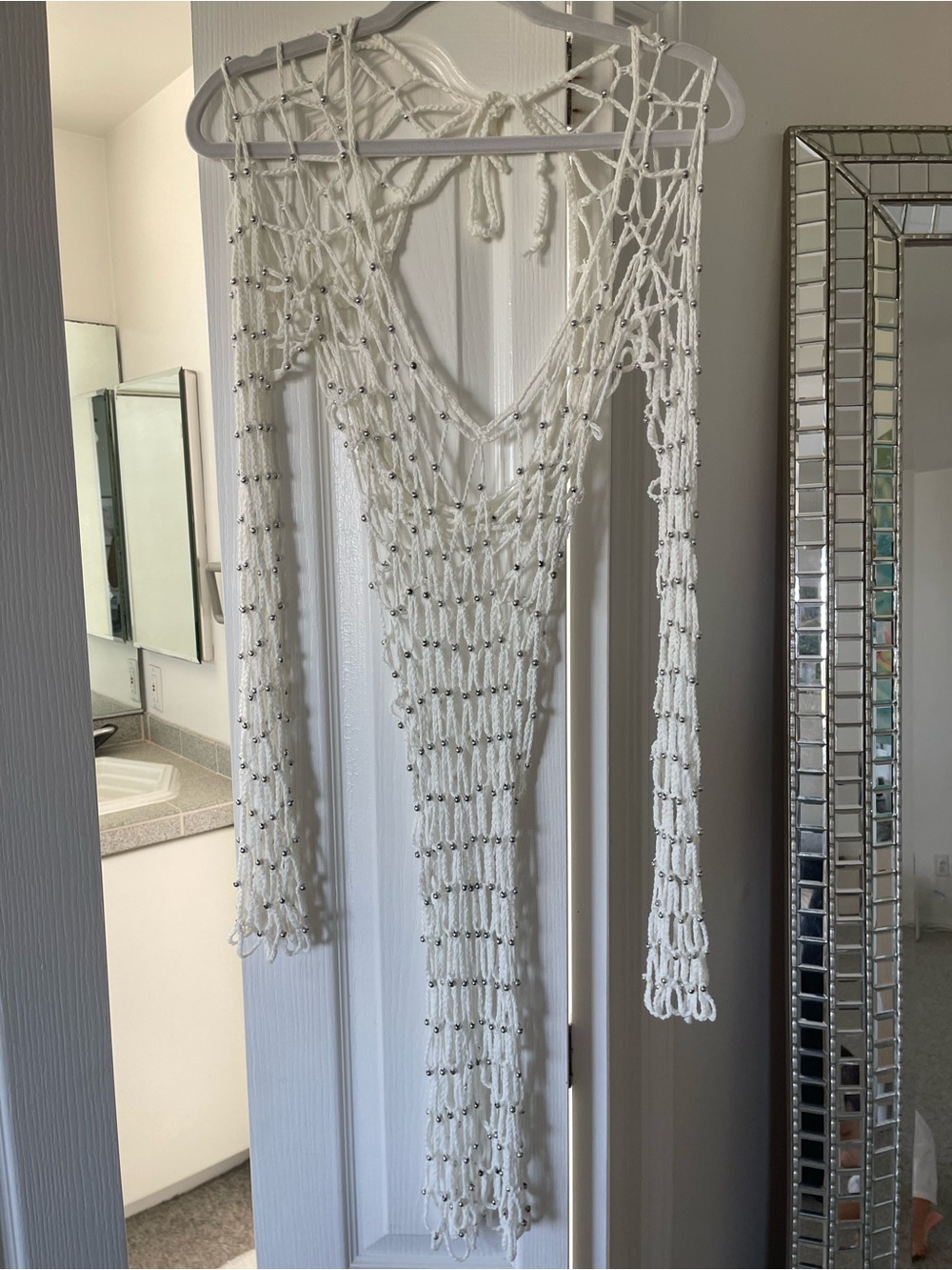 White Beaded Crochet Cover Up Dress